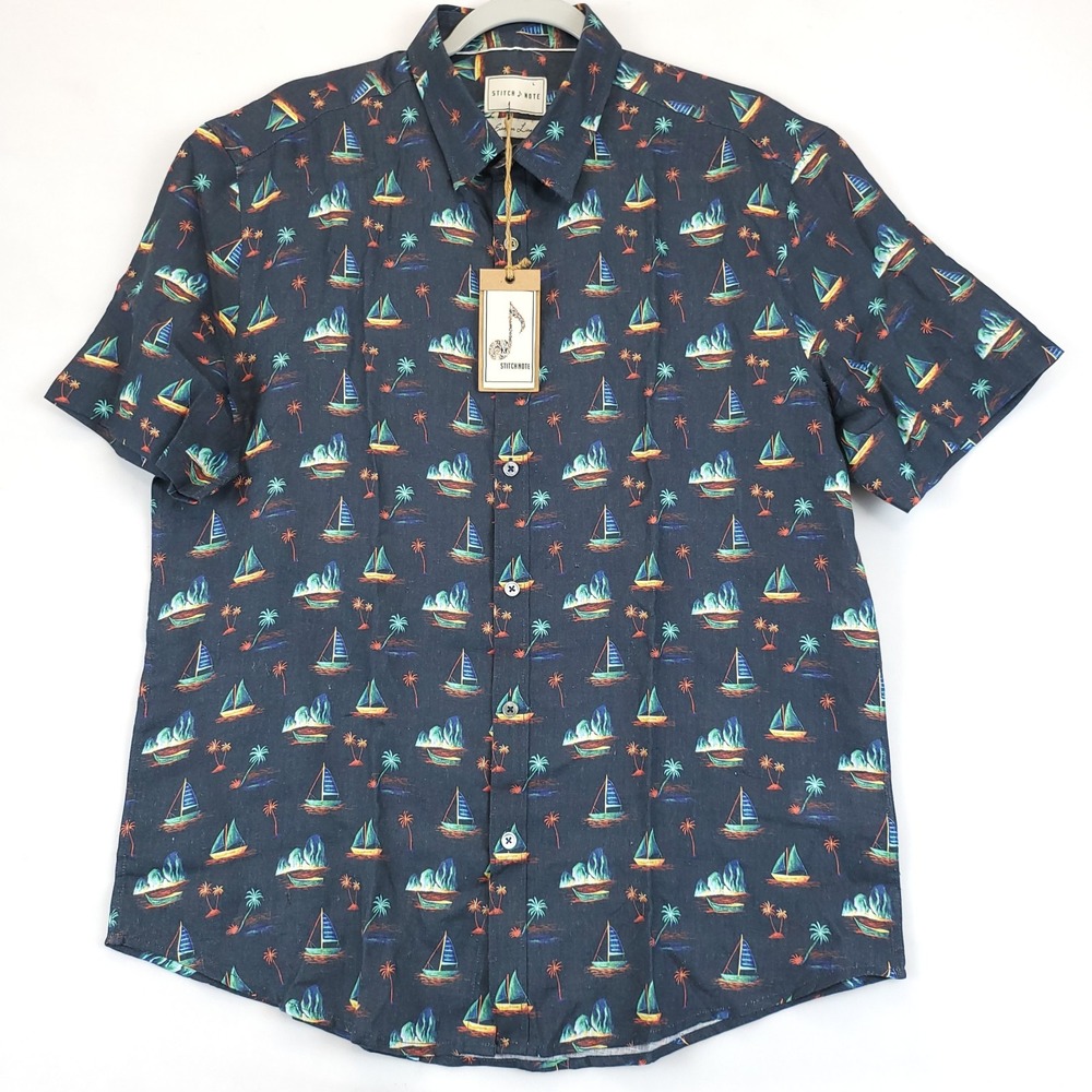 Stitch Note Sailboat European Linen Button Up Shirt Men L Blue  Short Sleeve